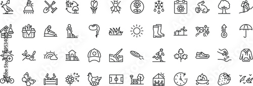 Set of outline icons related to spring season. Linear icon collection. Editable stroke. Vector