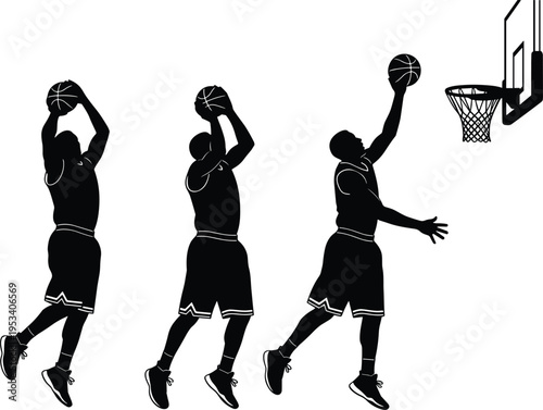 Silhouette of a basketball player in three poses during a jump shot dunk