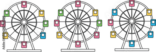 Vector illustration of Ferris wheels with colorful gondolas showing rotational symmetry and amusement park design