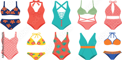 Women Swimsuit and Bikini Vector Set Featuring Summer Beach Swimwear Collection with Fashionable One Piece and Two Piece Designs