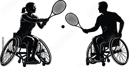 Silhouette of a male and female wheelchair tennis players in action on white background sport athlete
