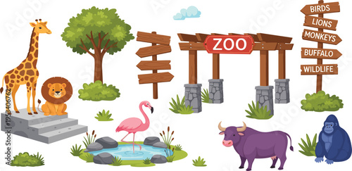 Zoo Entrance Cartoon Vector Set with Animals Giraffe Lion Gorilla Buffalo Flamingo Trees Pond and Wooden Direction Signs