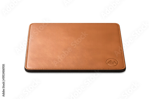 A brown leather laptop skin with a logo on it