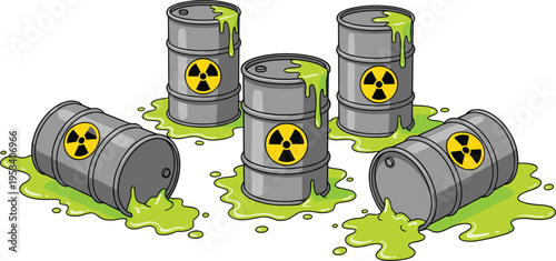 Vector illustration of radioactive waste barrels leaking toxic green liquid with hazard symbols for pollution concept