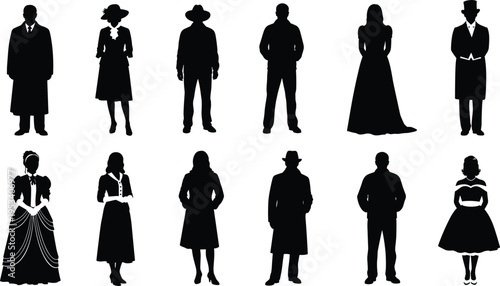 Silhouettes of men and women in historical and formal attire woman