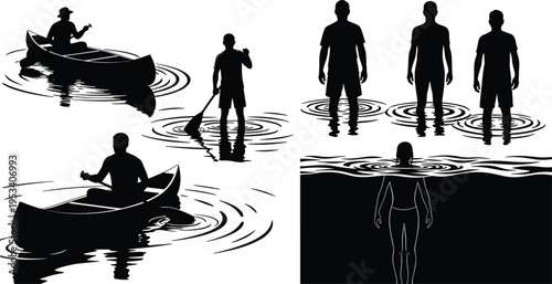 Silhouettes of People Canoeing and Standing in Water on White Background kayak paddle