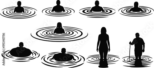 Silhouettes of people in water with ripples on white background wave splash