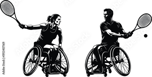 Silhouettes of wheelchair tennis players in action on a white background sport athlete