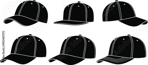 Six Black Baseball Caps in Different Views and Styles Keywords: baseball cap, hat, headwear, sports cap, fashion, accessory
