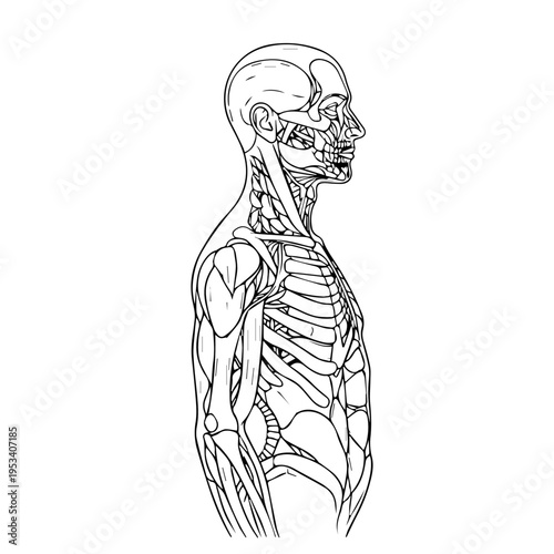 Detailed Side View of Human Skeleton Anatomy Diagram for Educational Use.