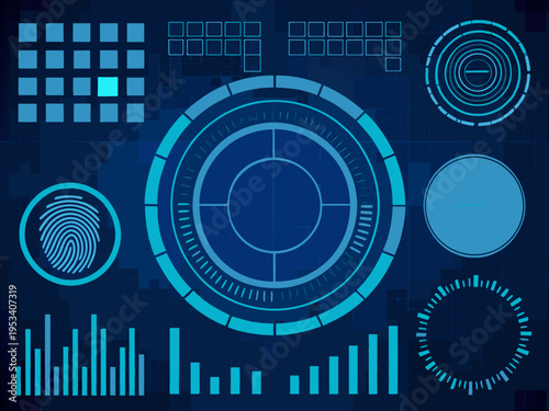 Abstract digital interface with glowing blue geometric elements and data visualizations