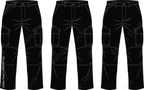 Three Black Cargo Pants with Multiple Pockets and Reinforced Knees on White Background Keywords: cargo pants, black pants