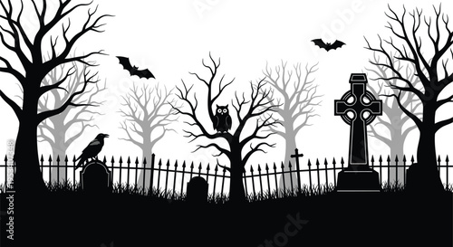Spooky Halloween graveyard scene with bare trees bats owl and celtic cross cemetery night