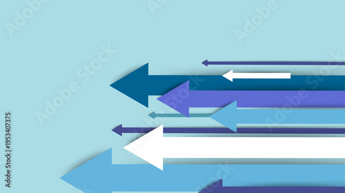 異なる方向へ流れるブルー系の矢印が重なり合うビジネス戦略とデータフローを表現したシンプルな抽象背景素材