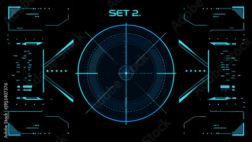 Futuristic targeting system display with a central oval and digital elements