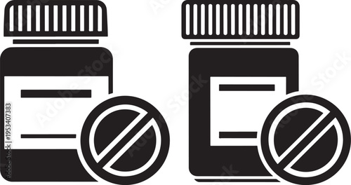 Pill bottle icons with prohibition sign, no medication allowed, health warning, restricted drugs, vector illustration, Over The Counter