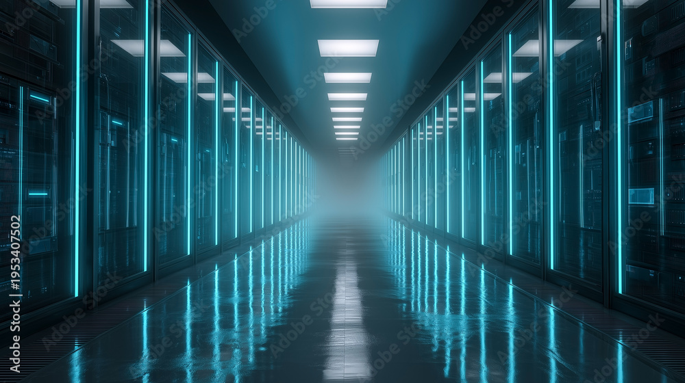 Fototapeta premium Technology server room interior with reflections