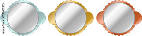 シルバー円形プレートとカラー縁取りが特徴の高級バッジラベルセット・ゴールドとブロンズとミントカラーの装飾フレーム素材