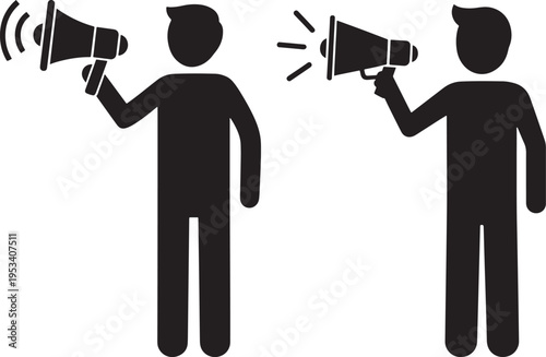 Silhouette icons of two people holding megaphones, symbolizing announcement, promotion, and communication, useful for marketing and public relations