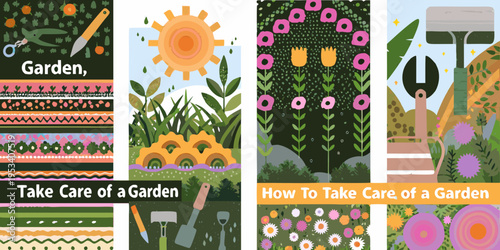 Colorful illustrated garden tools and floral patterns on rectangular panels