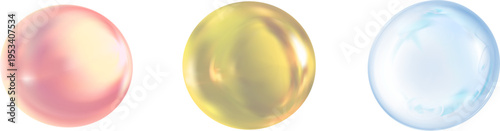 ピンク・イエロー・ブルーの透明感ある光沢バブルが並ぶ幻想的で柔らかな質感のミニマル抽象デザイン素材