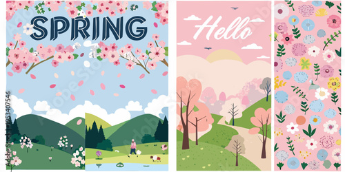 Colorful spring themed bookmarks with floral patterns and scenic landscapes