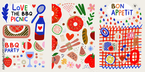 Colorful illustrations depicting summer picnic and barbecue themes with food items