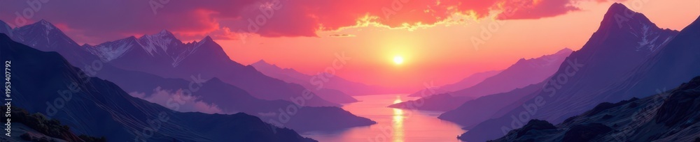 Fototapeta premium Ethereal alien landscapes; sunrises & sunsets over surreal mountains & rivers Vector illustrations for prints , mountains, nature, alien landscape