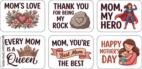 Collection of six heartwarming Mother's Day designs featuring loving messages and charming illustrations perfect for celebrating moms