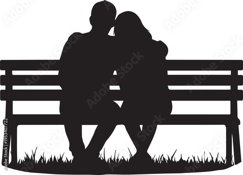 Couple sitting on bench silhouette vector illustration romantic park scene nature line art