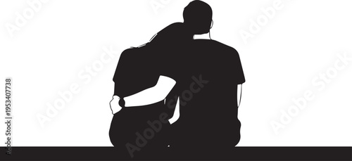 Couple sitting, sharing intimate moment, close up view, vector silhouette line art illustration