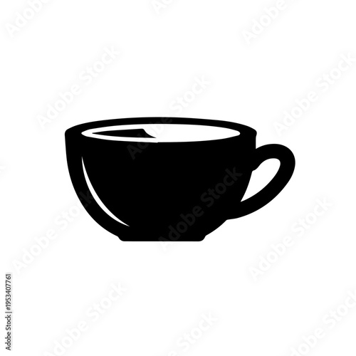 Silhouette of a black coffee cup in a simple vector design for mugs and café branding.