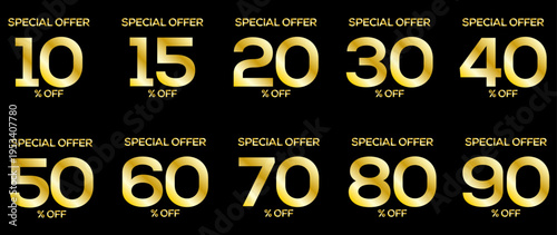 黒背景に映えるゴールドのSPECIAL OFFERセールタイポグラフィセット、インパクトのある割引表示で購買意欲を高める高級感プロモーション素材