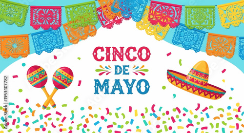 Vibrant cinco de mayo celebration background with sombrero maracas confetti
