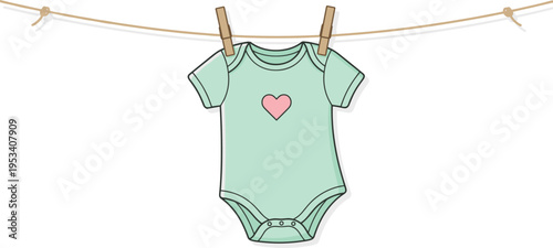 Baby's mint green onesie with a pink heart graphic hanging on a clothesline with clothespins, perfect for nursery decor or baby shower invitations