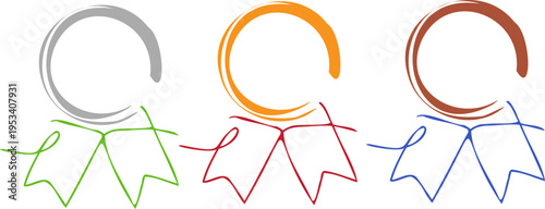 手描き風のメダルとリボンが並ぶナチュラルで親しみやすいバッジ風イラストセット、ランキングや表彰、キャンペーン装飾に使えるシンプルデザイン素材