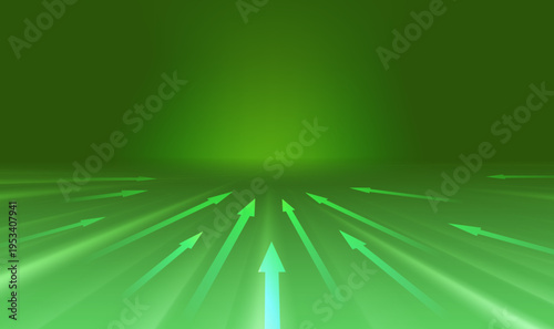 未来へ向かうグリーンの発光矢印が広がるスピード感あふれるテクノロジー背景、成長や進化を表現したビジネス向け抽象デザイン