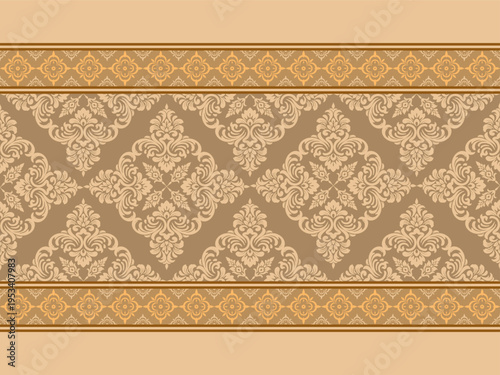 Thai traditional pattern border with ornamental damask floral motif in brown and beige tones for luxury textile and background design.