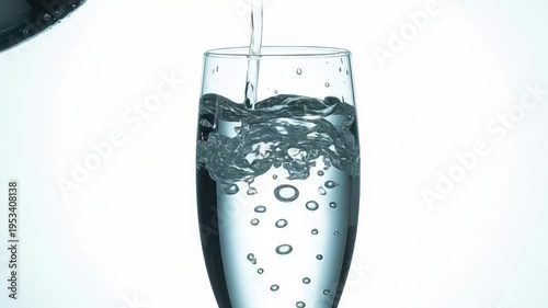Clear water being poured from a glass bottle into a tall, slender glass against a light background.