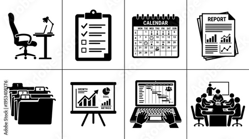 Office Management Icons: Black and White Business Labels for Corporate Design