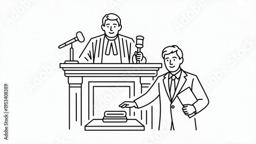 Lawyer presenting evidence to judge in courtroom setting with gavel and microphone