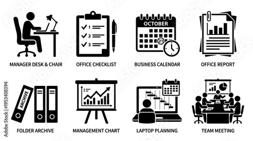 Office Management Icons: Black and White Business Labels for Corporate Design