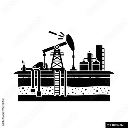 Oil Well Pump Jack Extracting Crude Oil from Underground Reservoir.