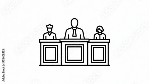 Three people sitting at a desk in a formal meeting or conference setting with a judge or moderator