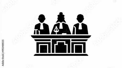 Three judges sitting at a desk in a courtroom setting with a gavel and books