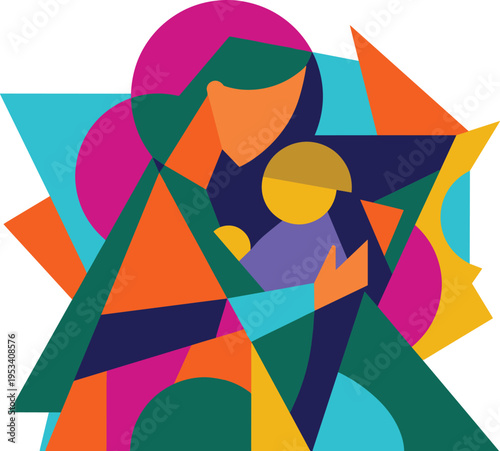 Abstract geometric illustration representing mother holding a baby in a loving embrace symbolizing family and nurture