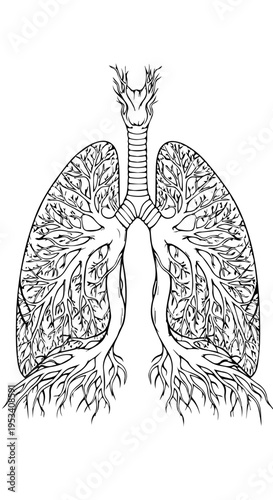 Detailed anatomical illustration of human lungs and airway system with bronchial branches.