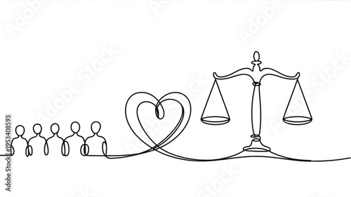 Justice and love concept with balance scales and heart connecting people