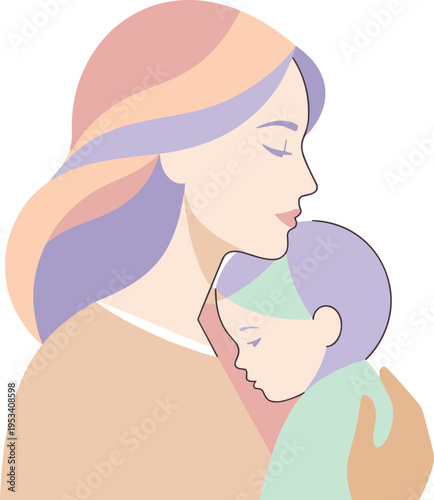 Soft illustration depicting a mother tenderly embracing her sleeping baby, symbolizing pure love, warmth, and the serene beauty of the maternal bond and new life