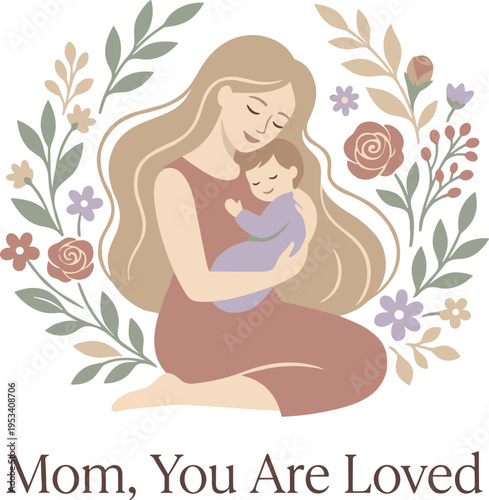 A heartwarming illustration depicting a mother gently embracing her baby, framed by a beautiful floral wreath, celebrating their cherished bond and the tender joy of motherhood